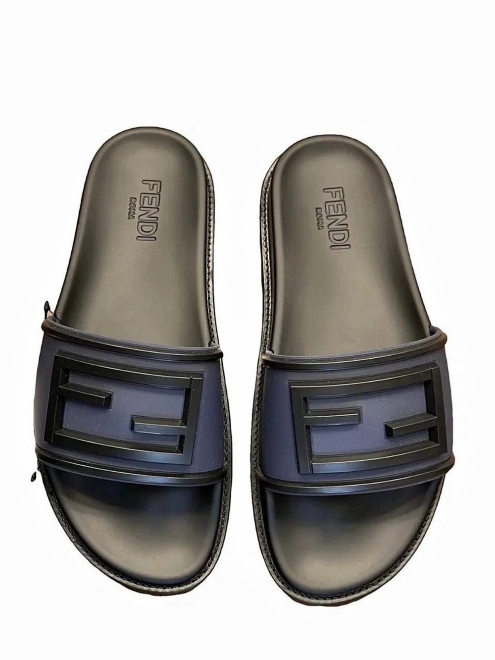 Fendi Embossed FF Motif Rubber Slides Black Logo Slide Sandals